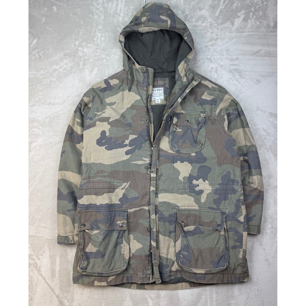 Vintage Old Navy Field Jacket Mens XXL Green Camo Fit Utility Hooded Parka Y2K